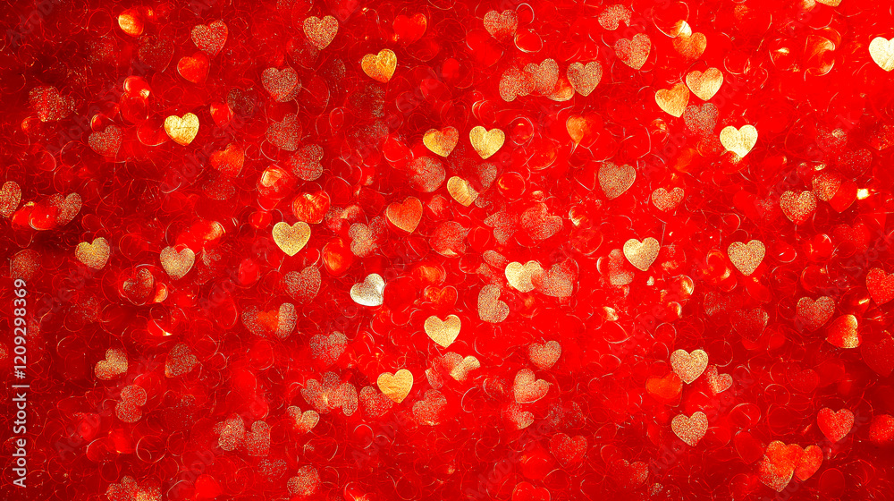 Red Background with lots of small Golden Blurred Bokeh Effect Hearts. Red Background with lots of small Golden Blurred Bokeh Effect Hearts.
