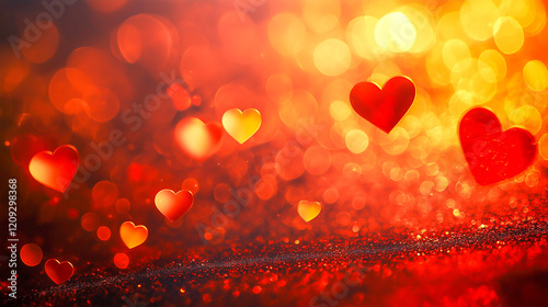 Red Background with lots of small Golden Blurred Bokeh Effect Hearts.