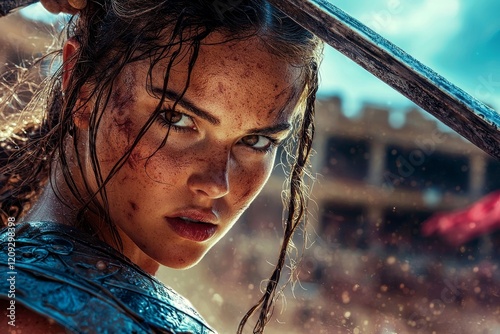 A young female gladiator warrior captured mid-fight against a backdrop of a gladiatorial arena