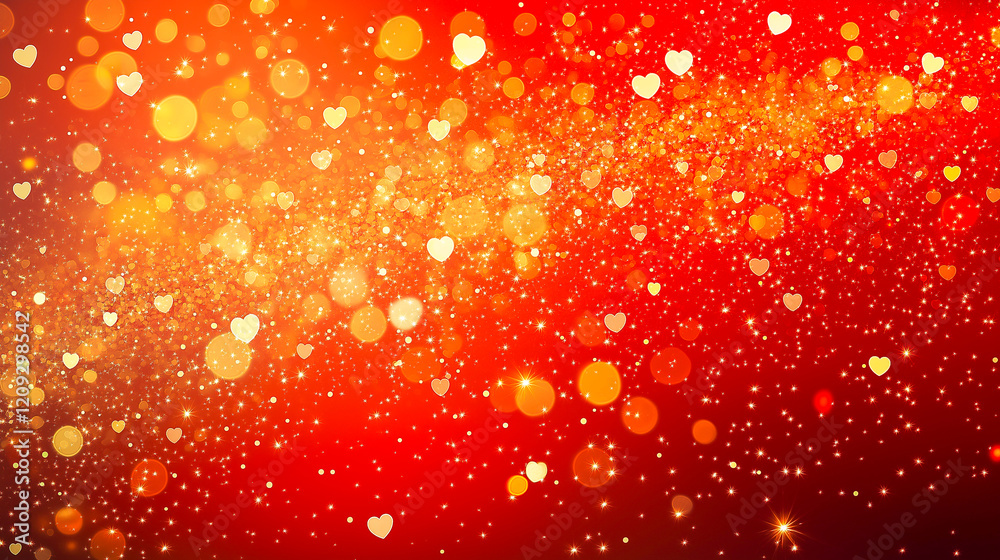 Red Background with lots of small Golden Blurred Bokeh Effect Hearts. Red Background with lots of small Golden Blurred Bokeh Effect Hearts.