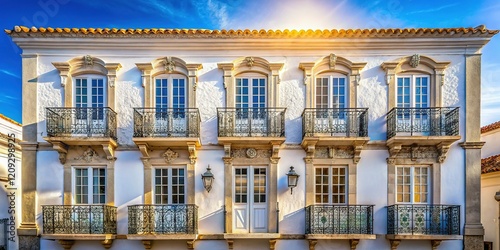 Faro Portugal Neoclassical House Exterior, White Facade, Metal Railings, Balcony, Deep Depth of Field