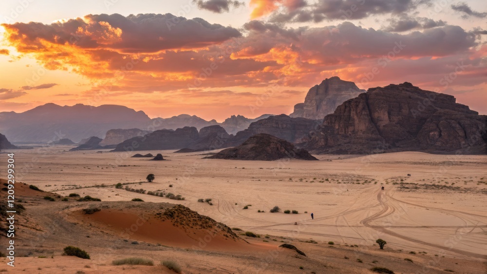 Fototapeta premium Wadi Rum Sunset Landscape Dramatic Sky, Desert Composition, Tire Tracks, Wanderer, Jordan Desert Landscape, Wadi Rum