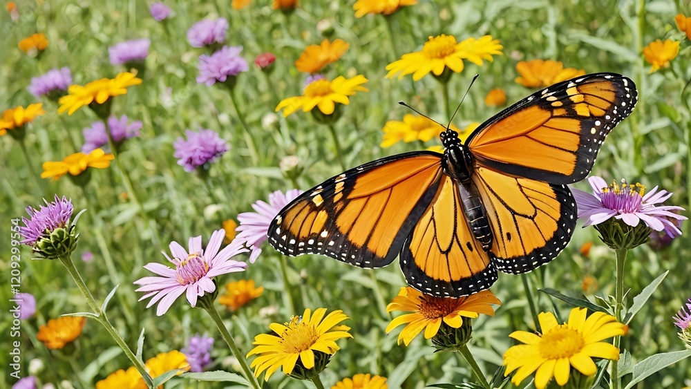 Naklejka premium Monarch Butterfly in a Vibrant Wildflower Meadow