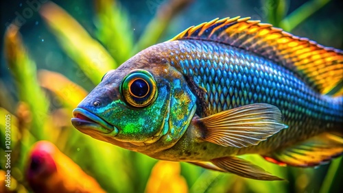 Macro Photography: Vibrant Scales of a Malawi Golden Cichlid photo