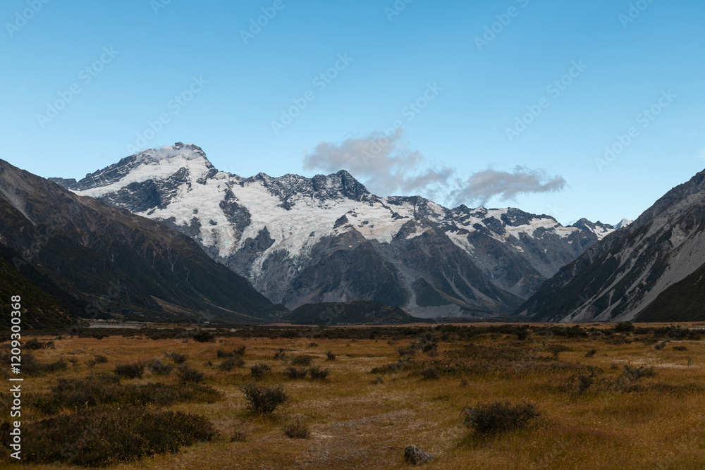 Hiking views of the Hooker Valley track towards Mount Cook (Aoraki) during a calm summer morning with crystal clear sky (South Island, New Zealand) Hiking views of the Hooker Valley track towards Mount Cook (Aoraki) during a calm summer morning with crystal clear sky (South Island, New Zealand)