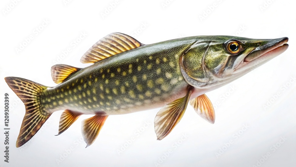 Fototapeta premium Minimalist European Pike, Esox Lucius, Isolated on White