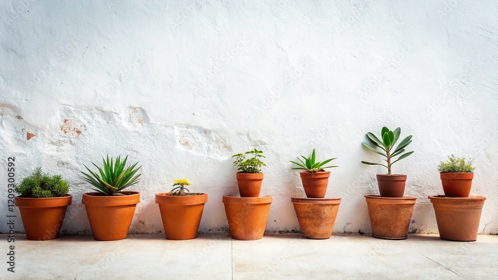 Fototapeta premium Minimalist Plant Pots on Plain Wall - Simple Home Decor Stock Photo