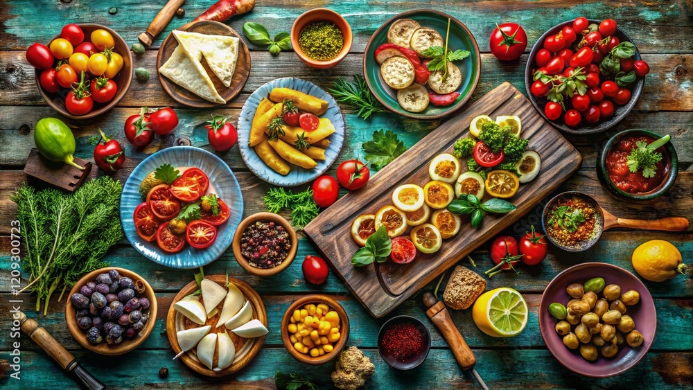 Aerial View of Delicious Food on Rustic Wooden Table - Drone Photography Aerial View of Delicious Food on Rustic Wooden Table - Drone Photography