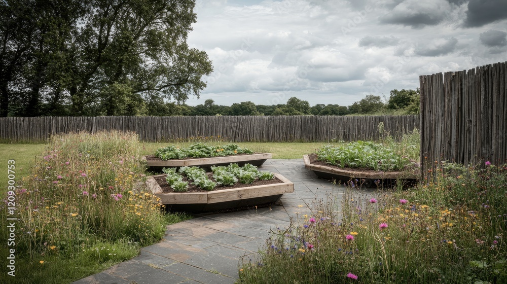 Fototapeta premium Raised garden beds, wildflowers, rustic fence, summer day, outdoor space, landscaping