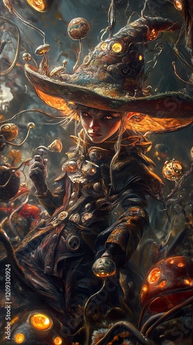 Enigmatic Fantasy Girl in Glowing Mushroom Forest