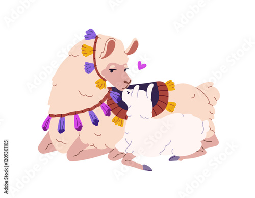 Happy llamas' family has a rest together. Mother lama and her baby love each other, kiss. Cute characters, cub and mom alpaca lying, relax. Flat isolated vector illustration on white background