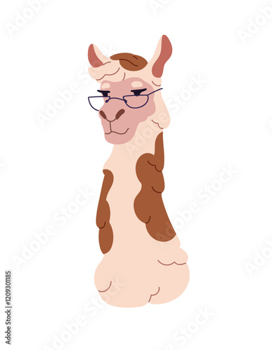 Avatar of happy smart guanaco llama in glasses. Muzzle of cute alpaca character in eyeglasses. Head of clever lama with eyewear, spectacles. Flat isolated vector illustration on white background