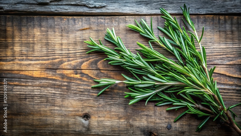 Fresh rosemary sprigs and olive branches intertwined on a rustic wooden table , herb garden, rustic,  herb garden