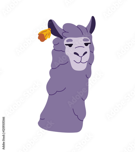 Avatar of Mexican gray llama with fashion earring. Animal character, happy grey lama with stylish jewelry. Cute alpaca head with trendy decor. Flat isolated vector illustration on white background