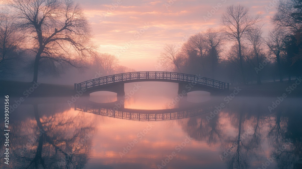 Fototapeta premium A serene bridge over a misty lake at sunrise, surrounded by tranquil nature.