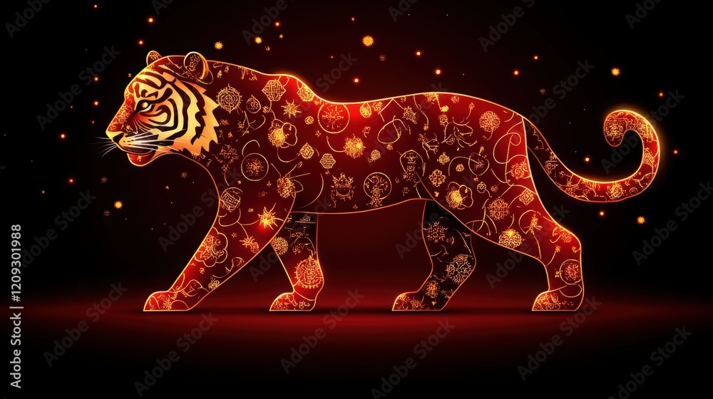 Fototapeta premium Majestic Colorful Tiger Silhouette with Intricate Patterns and Glowing Effects Against a Dark Background for Creative and Artistic Projects