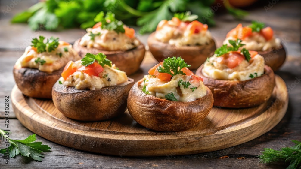 Earthy brown caps of mushrooms filled with a rich mixture of salmon and creamy sauce