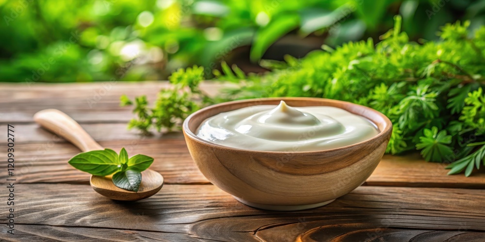 A bowl of creamy white yogurt sits on a wooden table, surrounded by lush greenery and natural elements, dining, spoon, dining A bowl of creamy white yogurt sits on a wooden table, surrounded by lush greenery and natural elements, dining, spoon, dining
