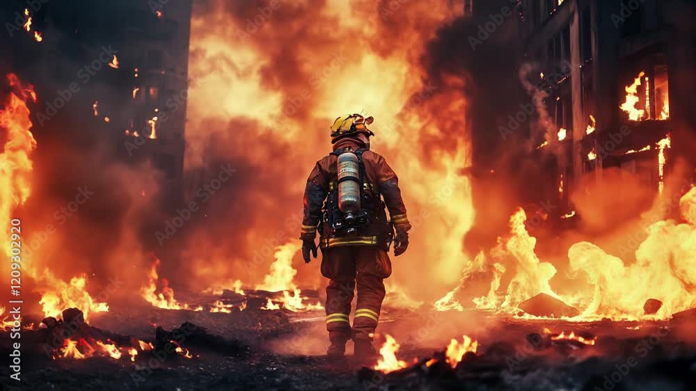 Bombero caminando en cámara lenta frente a un incendio masivo, rodeado de chispas y llamas en un escenario épico y heroico.