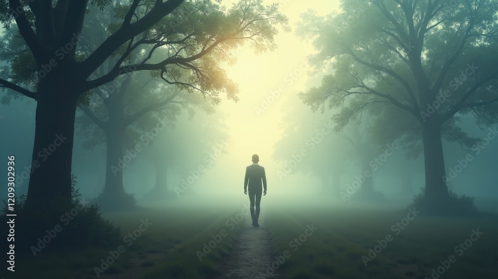 A person walking through a misty forest, with fog lifting to reveal a bright landscape ahead, symbolizing gradual recovery from depression and hope. A person walking through a misty forest, with fog lifting to reveal a bright landscape ahead, symbolizing gradual recovery from depression and hope.