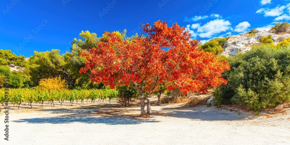 Naklejka premium Autumn vineyard, red tree, sunny day, island landscape. Postcard, calendar use