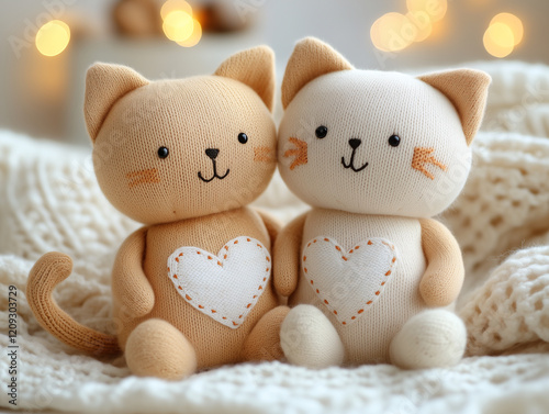 Two adorable knitted cat plush toys with heart patterns, sitting on a cozy blanket with warm bokeh lights in the background. photo