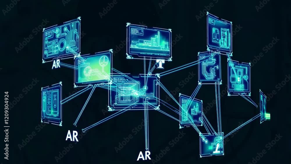 Worker engages with augmented reality system to enhance productivity and training in a manufacturing setting. VFX, hud