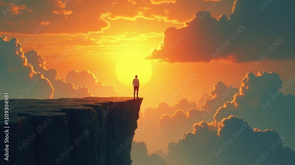 custom made wallpaper toronto digitalA person standing on a cliff's edge, watching a golden sunrise, representing emotional breakthrough after a long depression, peaceful and serene.