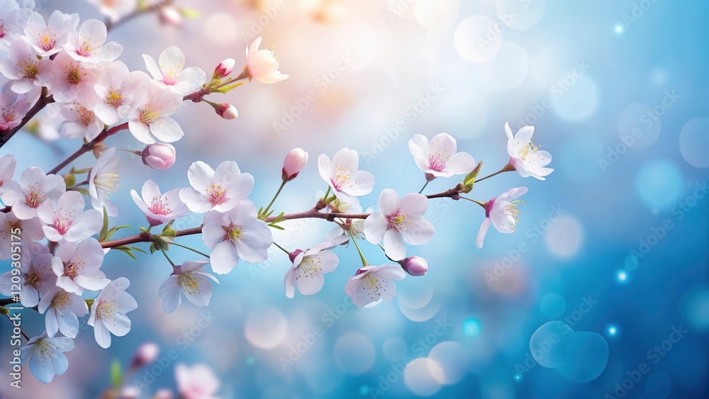 Delicate Spring Blossoms on a Branch Against a Soft Blue Bokeh Background Delicate Spring Blossoms on a Branch Against a Soft Blue Bokeh Background