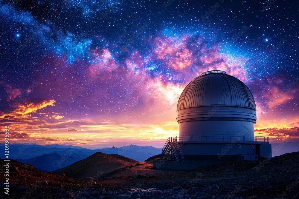 Vibrant Sunset Over Silhouetted Observatory Dome with the Milky Way in the Background Against a Stunning Colorful Sky Vibrant Sunset Over Silhouetted Observatory Dome with the Milky Way in the Background Against a Stunning Colorful Sky