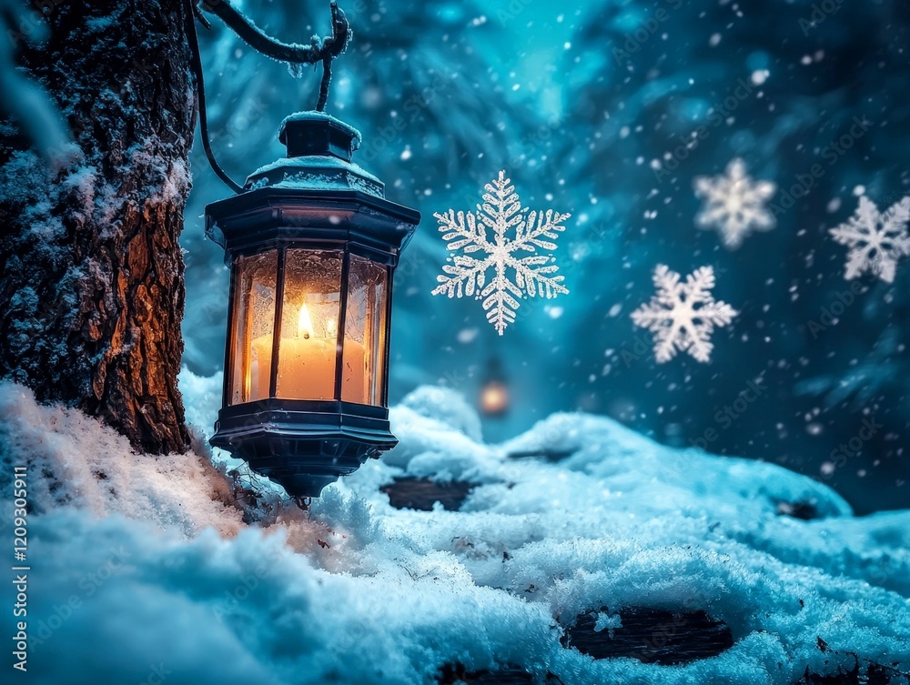 Snowflakes Hovering in the Cold Winter Air While a Lantern Illuminates a Snowy Landscape, Creating a Magical Winter Atmosphere and Serene Ambiance Snowflakes Hovering in the Cold Winter Air While a Lantern Illuminates a Snowy Landscape, Creating a Magical Winter Atmosphere and Serene Ambiance
