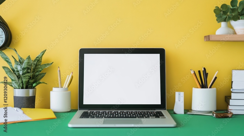 custom made wallpaper toronto digitalBright workspace with a laptop, pencils, and plants on a yellow and green background