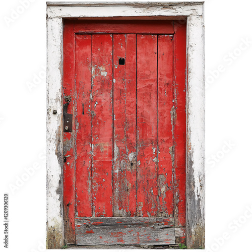 Old red wooden door isolated on transparent background