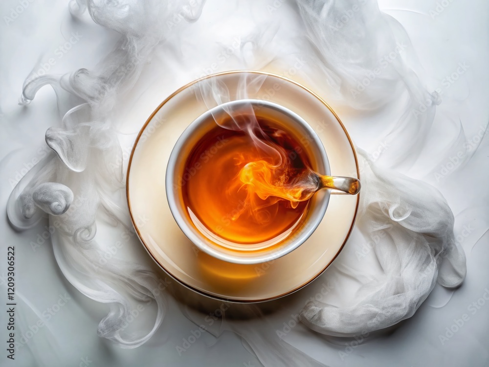 Aerial View of Steaming Cup of Tea on White Background Aerial View of Steaming Cup of Tea on White Background