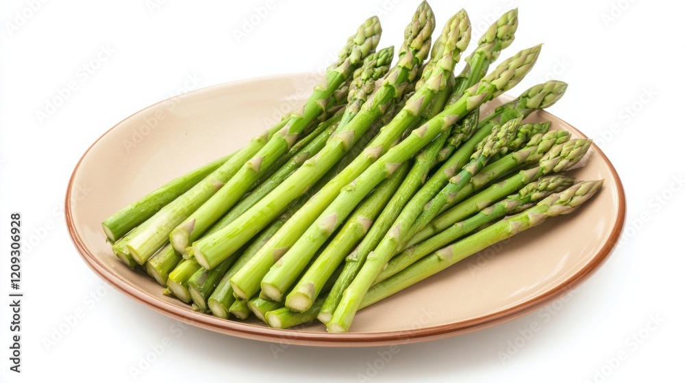 A bunch of vibrant green asparagus spears arranged neatly on a plate, Each spear's tender texture and fresh appearance captured in stunning detail A bunch of vibrant green asparagus spears arranged neatly on a plate, Each spear's tender texture and fresh appearance captured in stunning detail