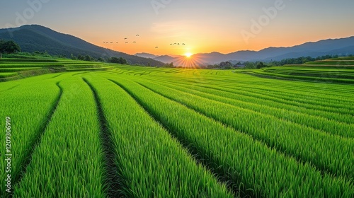 Vibrant Green Rice Fields under a Warm Sunset Glow, Capturing Nature's Beauty in Rural Landscape with Serene Mountains and Sky in Background