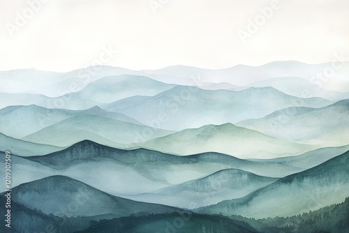 Soft layers of gray, blue, and green create a serene mountain landscape, evoking calmness. Ample negative space allows for overlaying text, enhancing modern artistic appeal