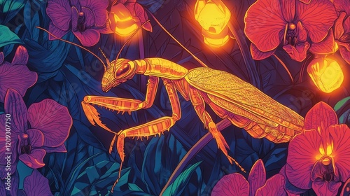 Golden Mantis Amidst Vibrant Orchids and Glowing Lights A Tropical Night Scene photo