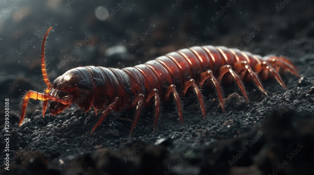 Obraz premium A reddish-brown millipede crawls across dark soil, showcasing its segmented body, delicate bristles, and intricate natural details.
