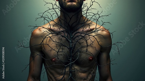  A tangled web of dark vines growing around a person’s chest, tightening with every breath, symbolizing the physical and emotional constriction of anxiety.