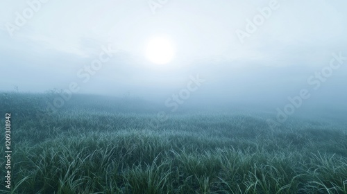 A serene landscape featuring misty grass fields under a soft, glowing sun.