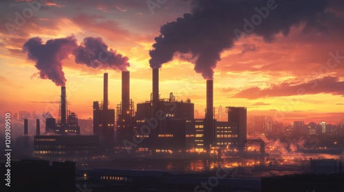 Advanced energy plant with bright lighting and towering stacks, set against a twilight backdrop, emphasizing technological progress. photo