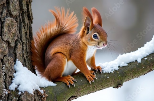 curious fluffy red squirrel sitting on branch of tree in winter park