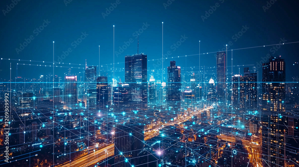 Fototapeta premium A sleek, futuristic smart city skyline at night, with glowing skyscrapers, autonomous vehicles, and advanced digital displays, showcasing innovation and technology in urban design.