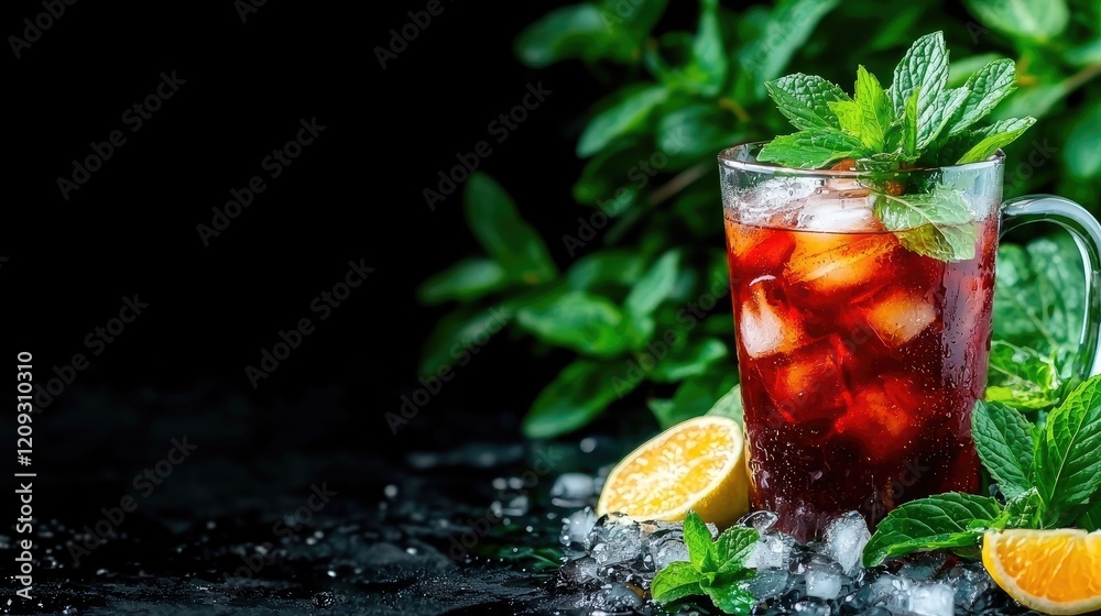 Iced tea with mint and citrus, dark background, refreshing summer drink, website banner Iced tea with mint and citrus, dark background, refreshing summer drink, website banner
