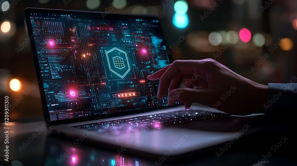 A businessman hand using a laptop computer with particles A businessman hand using a laptop computer with particles