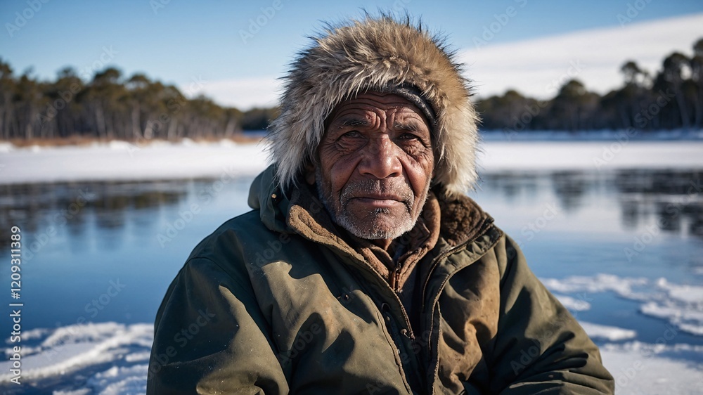 Portrait of an Aboriginal Australian man in winter clothing, sitting near icy waters with a serene backdrop of forested landscape Portrait of an Aboriginal Australian man in winter clothing, sitting near icy waters with a serene backdrop of forested landscape
