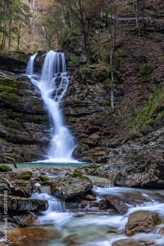 Long Exposure of Jenbach Waterfall in Jenbachtal in Bavaria, Germany, Europe
