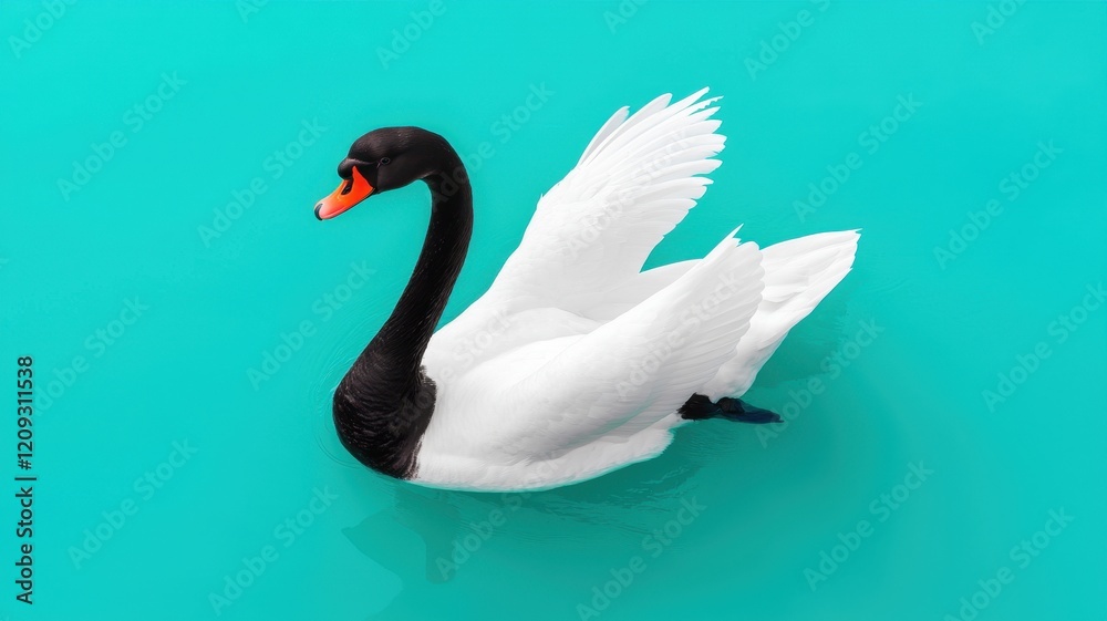 Fototapeta premium Elegant black and white swan gliding on turquoise water.