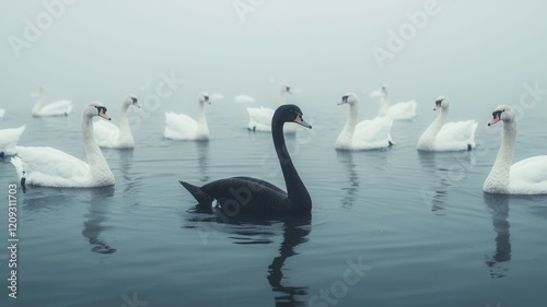 Fototapeta Naklejka Na Ścianę i Meble -  A black swan swims among white swans in a misty lake.